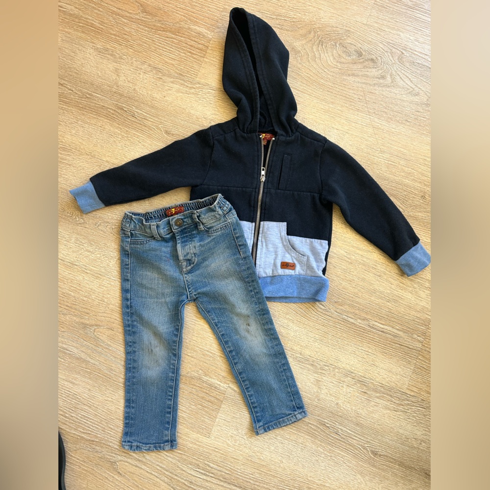 7 For All Mankind Blue and Gray Hoodie with Blue Jeans | Toddler Boy 2T